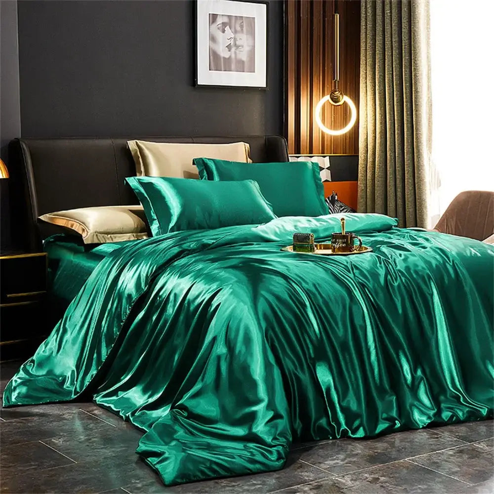 Decorbites silk bedding set emerald green satin pcs duvet cover with matching pillows and coordinating duvet cover