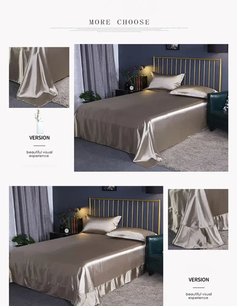 DecorBites™ silk bedding set with shiny metallic gold satin duvet cover and ruffled hem available in king queen twin pcs duvet cover