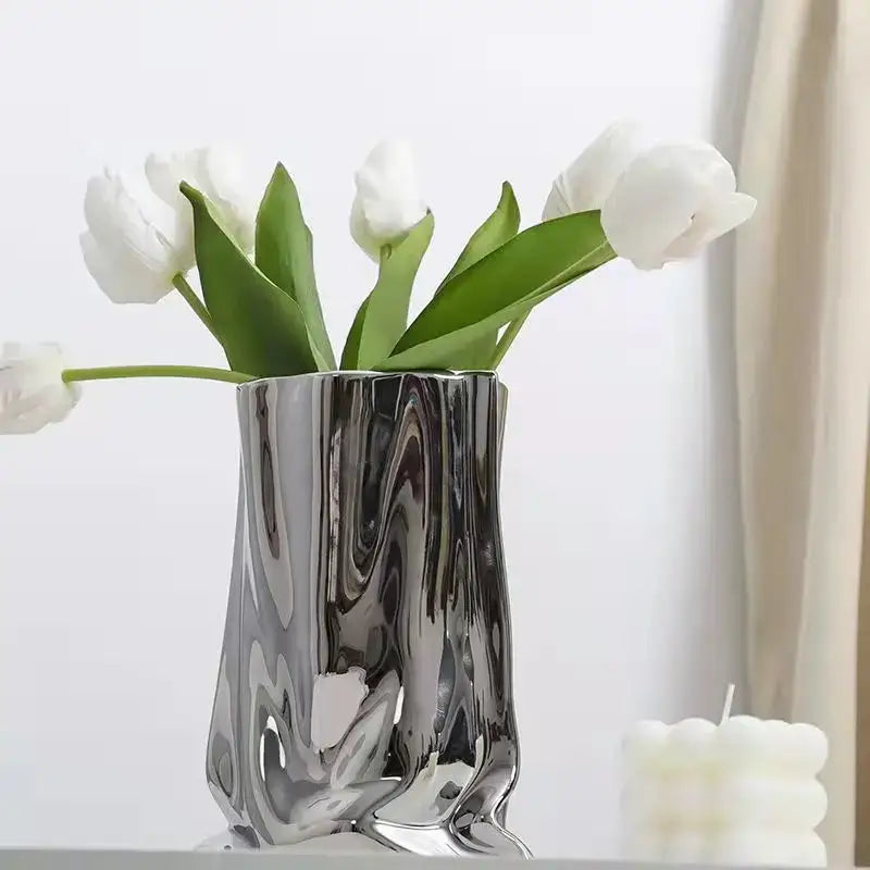 DecorBites™ Silver Ruffled Ceramic Flower Vase