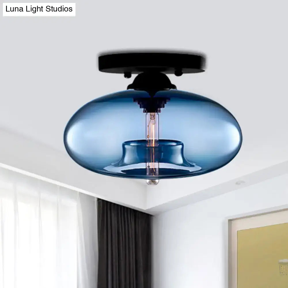 Decorbites™ simple style blue glass oval flush mount pendant light with black metal fixture for hallway ceiling use