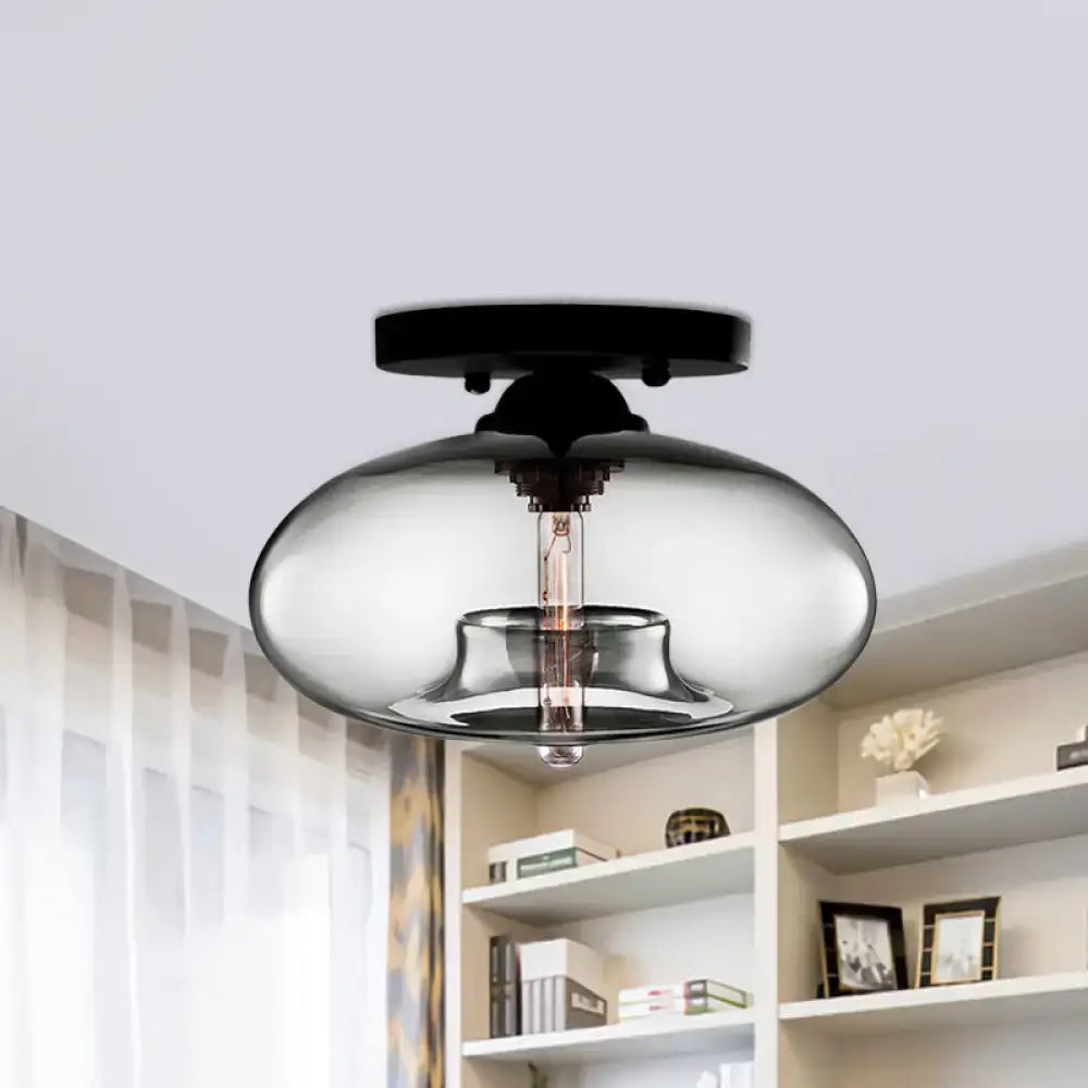 Modern black finish decorbites flush mount ceiling light with glass oval flush smoky shade and exposed filament bulb