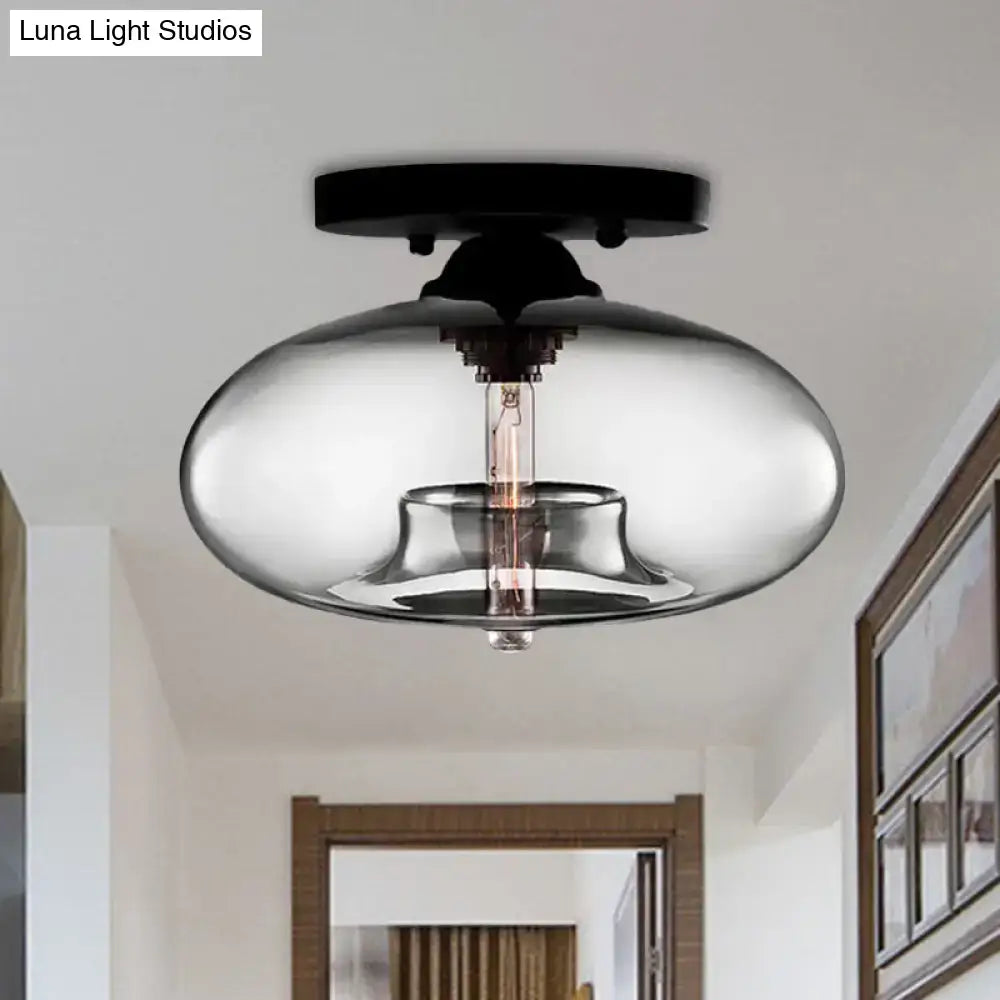 DecorBites™ simple style glass oval flush mount lamp with black metal base and smoked glass dome for hallway lighting