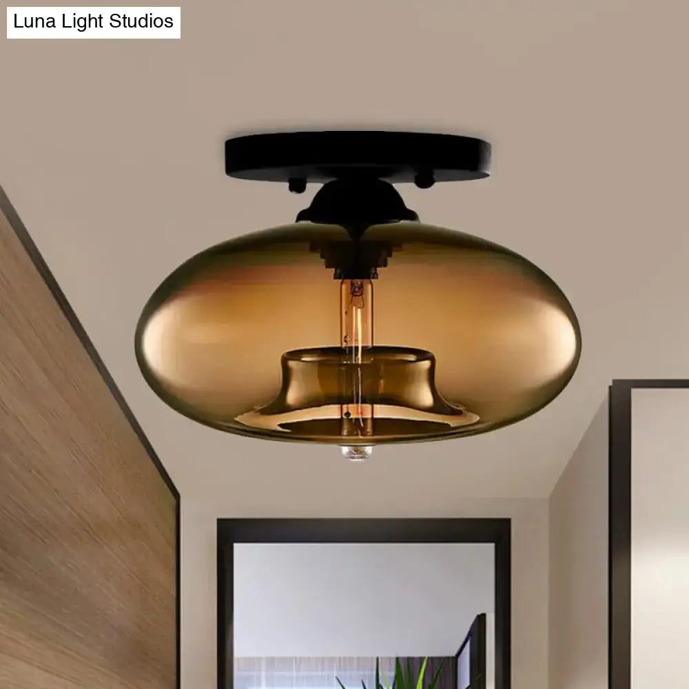 Decorbites™ simple style amber glass oval flush mount lamp with exposed filament bulb and black metal ceiling mount