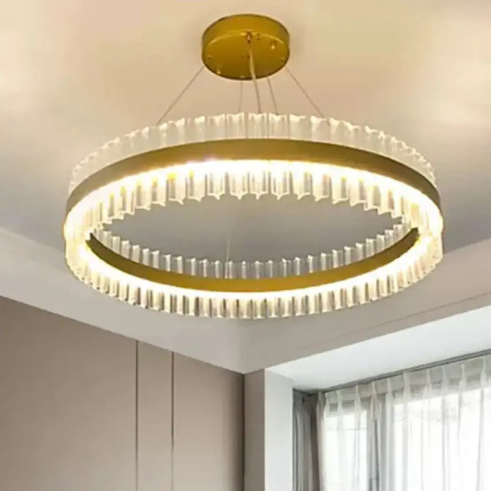 DecorBites™ Simplicity Gold LED Crystal Pendant Light - Ring Tri-Prism Design - Perfect for Living Room