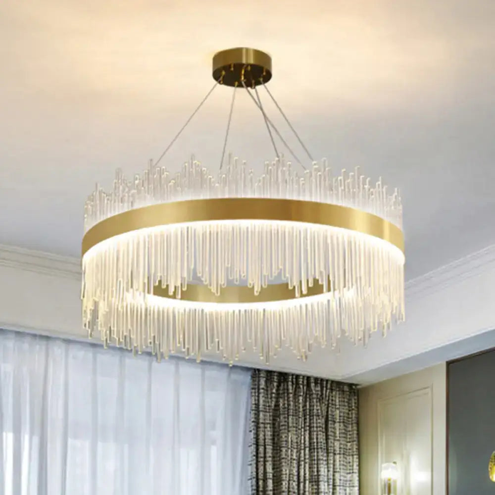 DecorBites™ Simplicity Gold LED Crystal Pendant Light - Ring Tri-Prism Design - Perfect for Living Room
