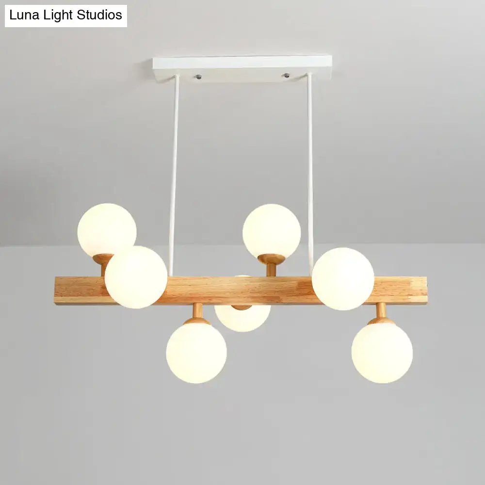 DecorBites™ Simplicity Opal Glass Globe Pendant Light - 7 Heads Island Chandelier in Wood for Dining Room
