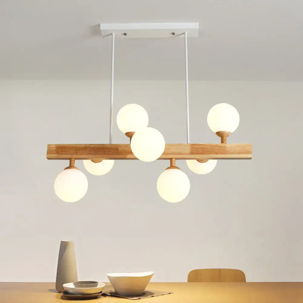 DecorBites™ Simplicity Opal Glass Globe Pendant Light - 7 Heads Island Chandelier in Wood for Dining Room