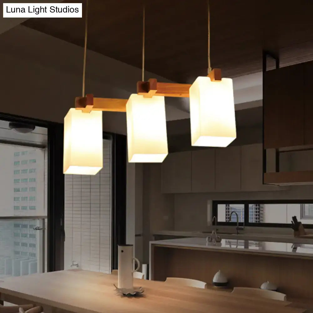 DecorBites™ Simplicity Wood 3-Head Opaline Glass Rectangular Island Pendant Light