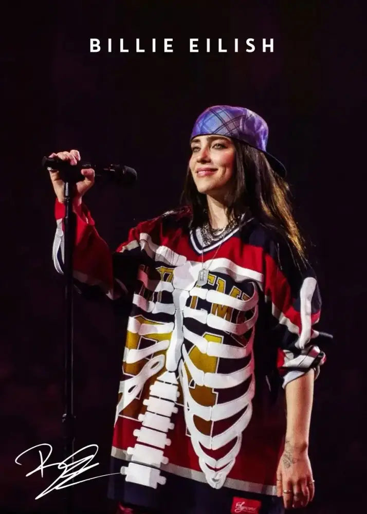 Decorbites™ singer b-billies canvas art print features billie eilish in a red black white skeleton hockey jersey with gold accents