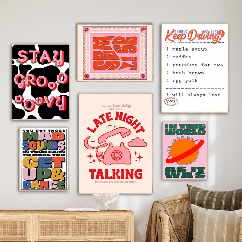 A collection of colorful retro styles lyrics art prints featuring harris styles with bold typography and playful illustrations