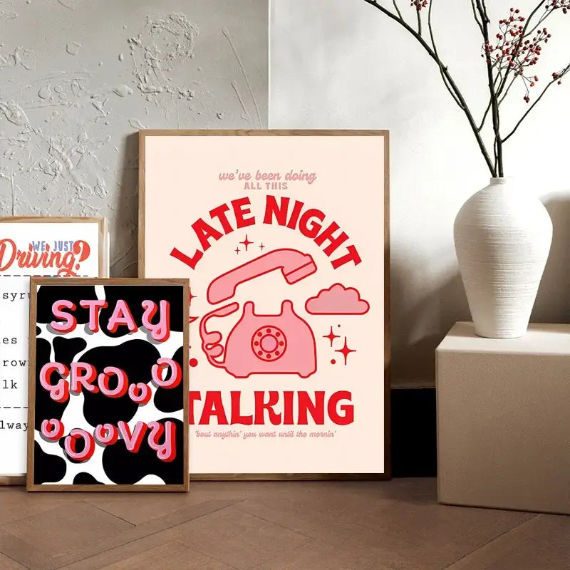 Illustration poster of a pink retro telephone with bold red text on cream background featuring harris styles lyrics art styles lyrics