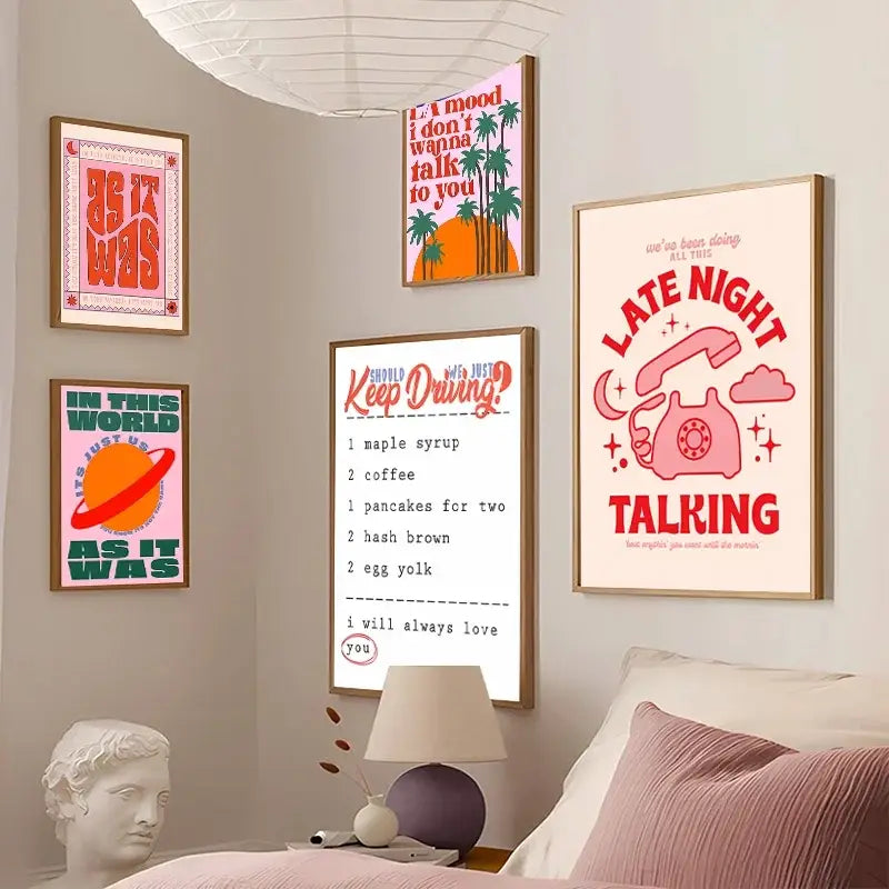 Pink and white framed wall art featuring retro-style harris styles lyrics art from DecorBites™ styles lyrics poster