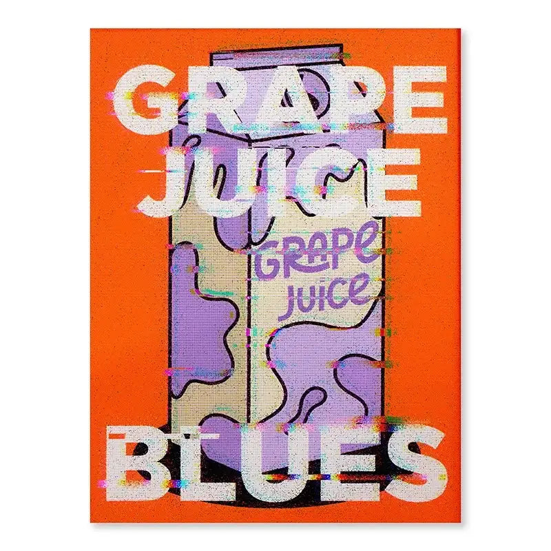 Vibrant orange DecorBites™ singer Harris Styles styles lyrics art poster featuring glitch effect purple grape juice carton