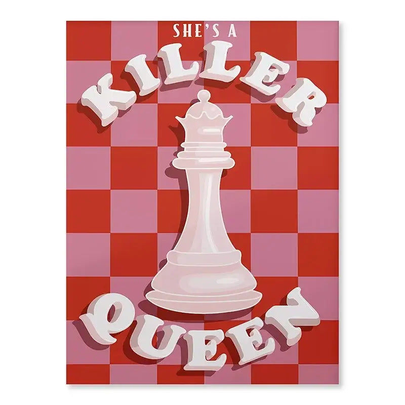 Decorbites™ singer harris styles lyrics art poster featuring a white chess queen on red pink checkered background with killer queen text