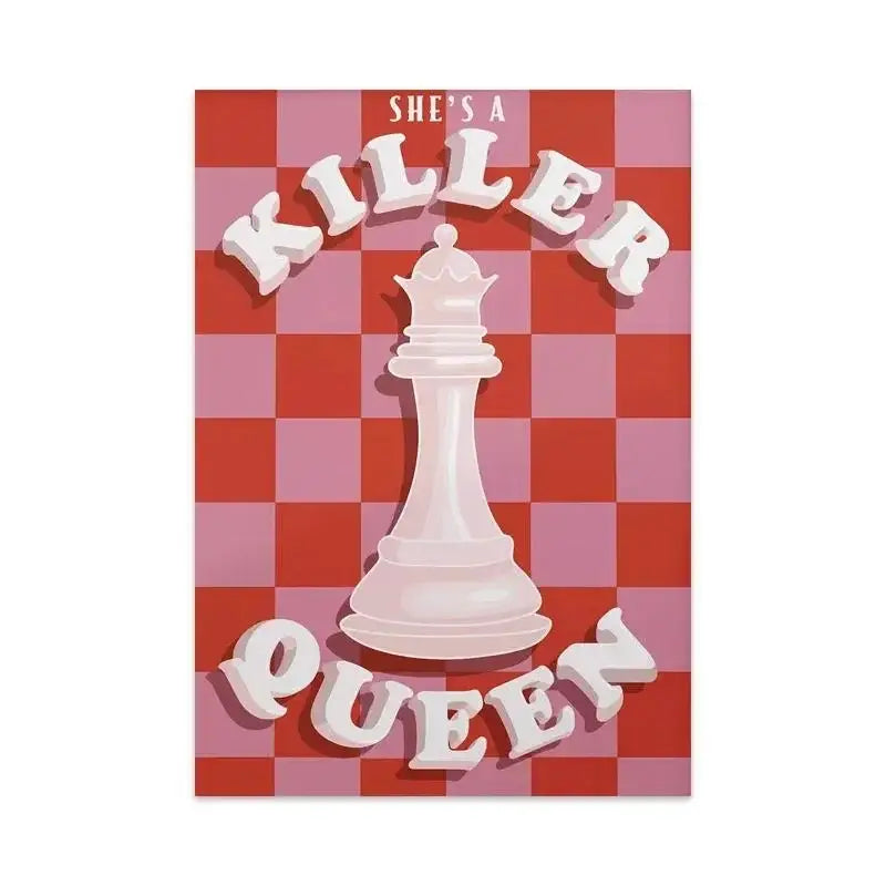 A white glossy chess queen on red pink checkered background with she’s a killer queen text styles lyrics art poster
