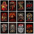 A collection of nine black and red slayer heavy metal band album poster canvases featuring skulls crosses and logos