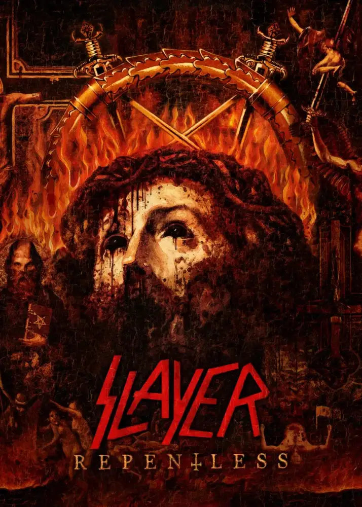 Decorbites™ slayer heavy metal band album poster canvas art features a dark fiery jesus with blood on crown of thorns