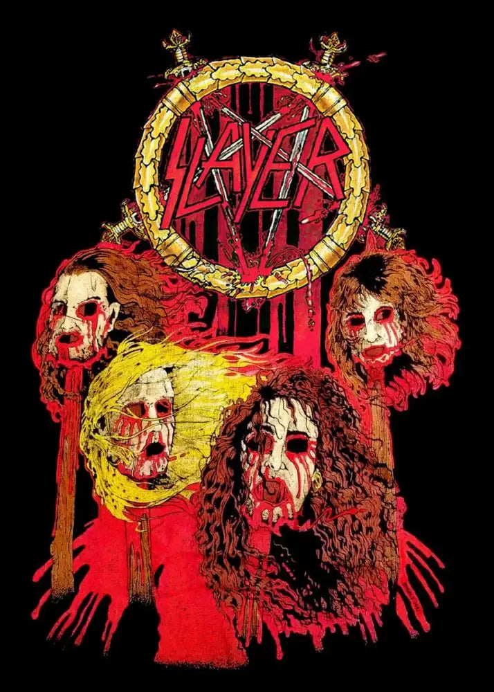 Decorbites™ slayer heavy metal band album poster canvas art featuring red and black logo with gold chain-link border