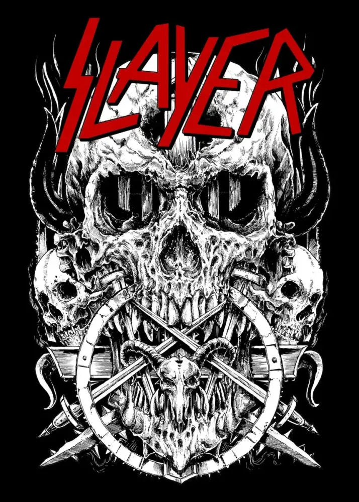 Decorbites™ slayer heavy metal band album poster canvas art featuring red slayer logo with black and white skull dagger design