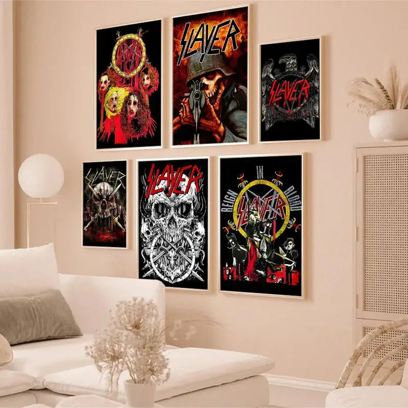 Set of six framed slayer heavy metal band album poster canvas art featuring bold red and white graphics on black backgrounds