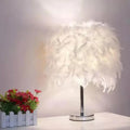 DecorBites™ sleek 1-head nightstand lamp with soft glowing white feather shade and chrome base table light
