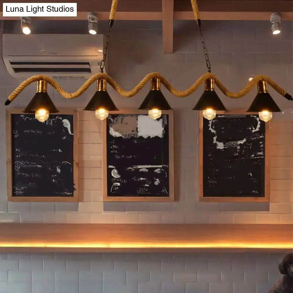 DecorBites™ Sleek Black Spiral Rope Pendant Light Fixture with Loft Style Bar Island Lamp and Cone Shade