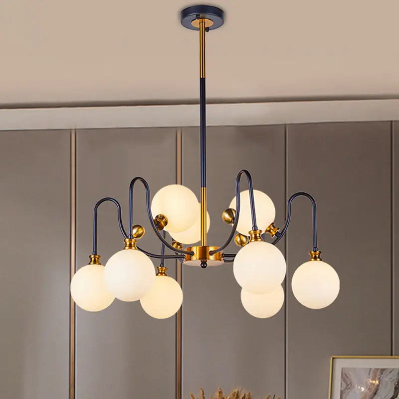 DecorBites™ Sleek Opal Glass Pendant Chandelier - Modernist Spherical Down Lighting - Black-Gold Finish - 6/9 Bulb Option for Living Room