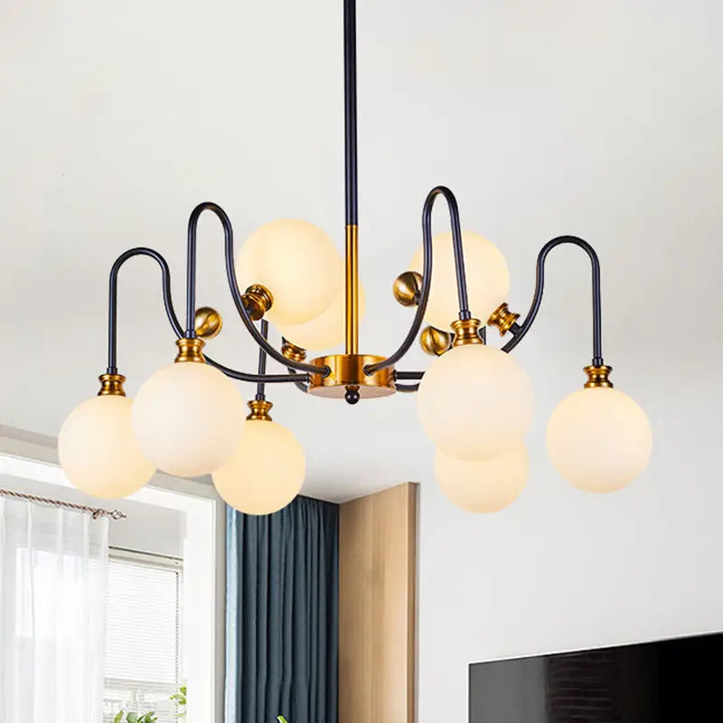 DecorBites™ Sleek Opal Glass Pendant Chandelier - Modernist Spherical Down Lighting - Black-Gold Finish - 6/9 Bulb Option for Living Room