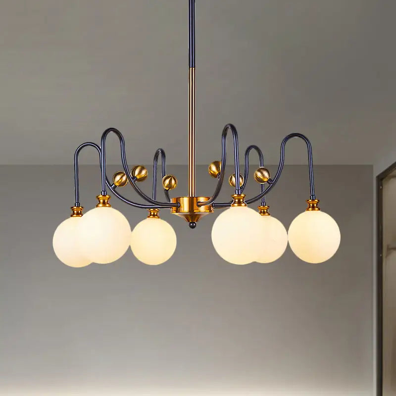 DecorBites™ Sleek Opal Glass Pendant Chandelier - Modernist Spherical Down Lighting - Black-Gold Finish - 6/9 Bulb Option for Living Room
