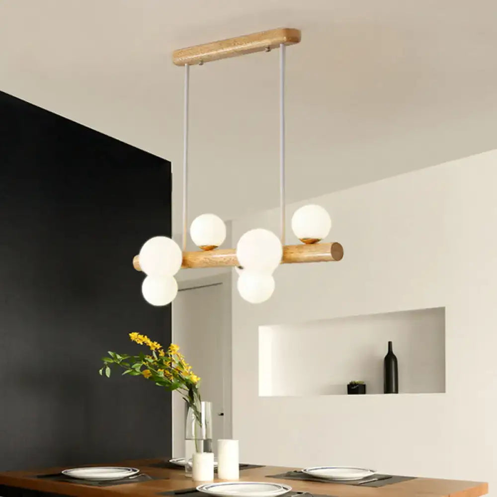 DecorBites™ Sleek Wooden LED Ceiling Light: Linear Dining Room Island Chandelier with Cream Glass Shade