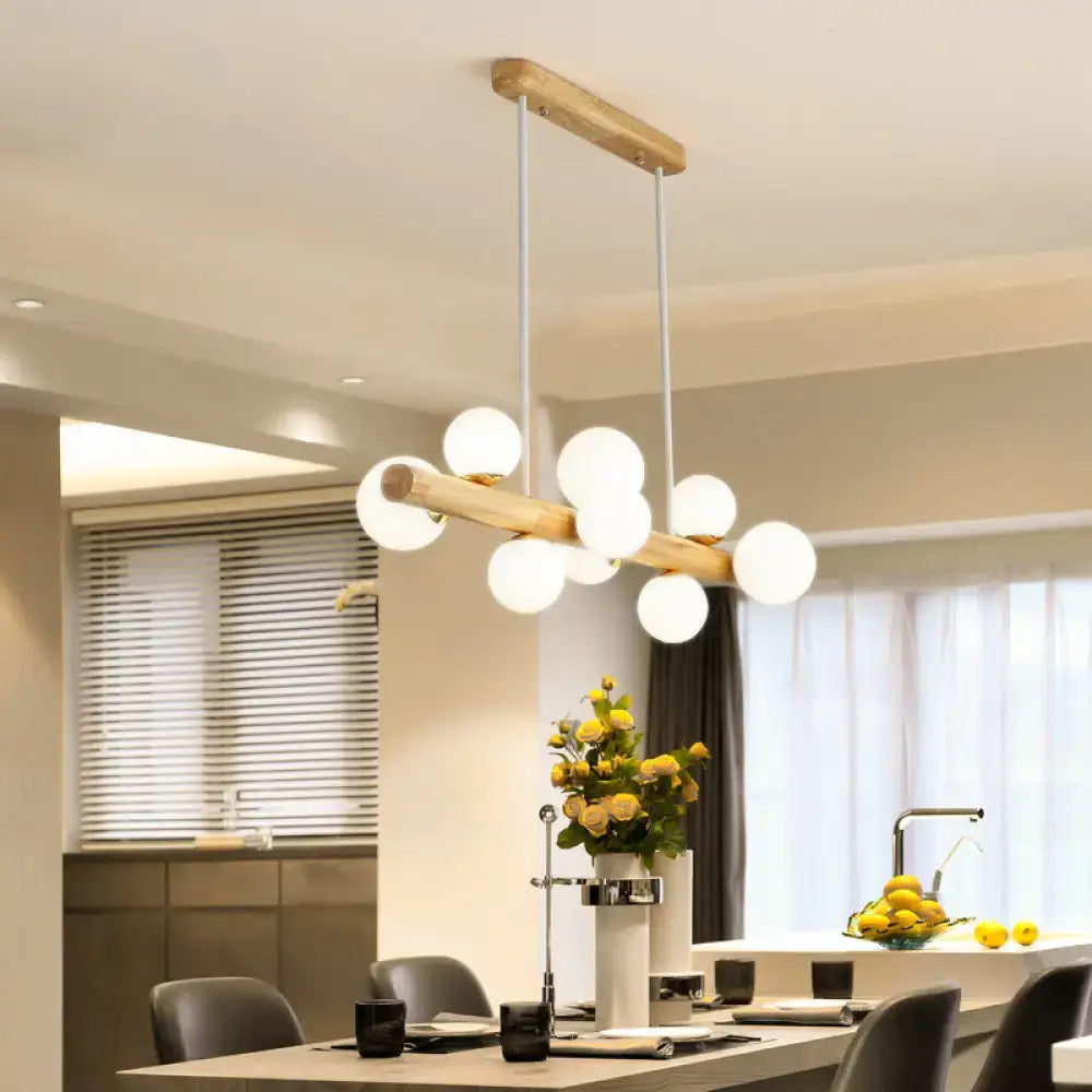 DecorBites™ Sleek Wooden LED Ceiling Light: Linear Dining Room Island Chandelier with Cream Glass Shade