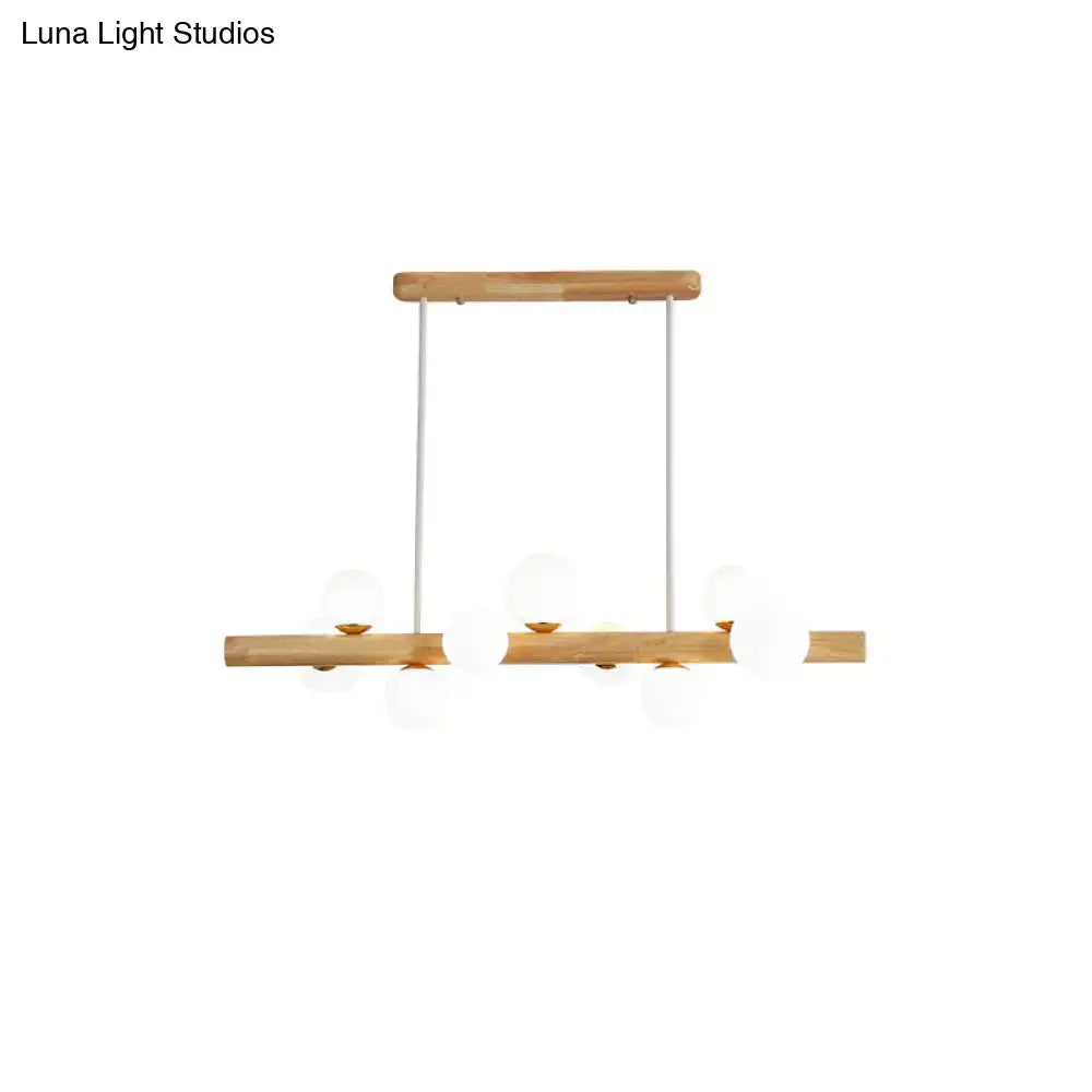 DecorBites™ Sleek Wooden LED Ceiling Light: Linear Dining Room Island Chandelier with Cream Glass Shade