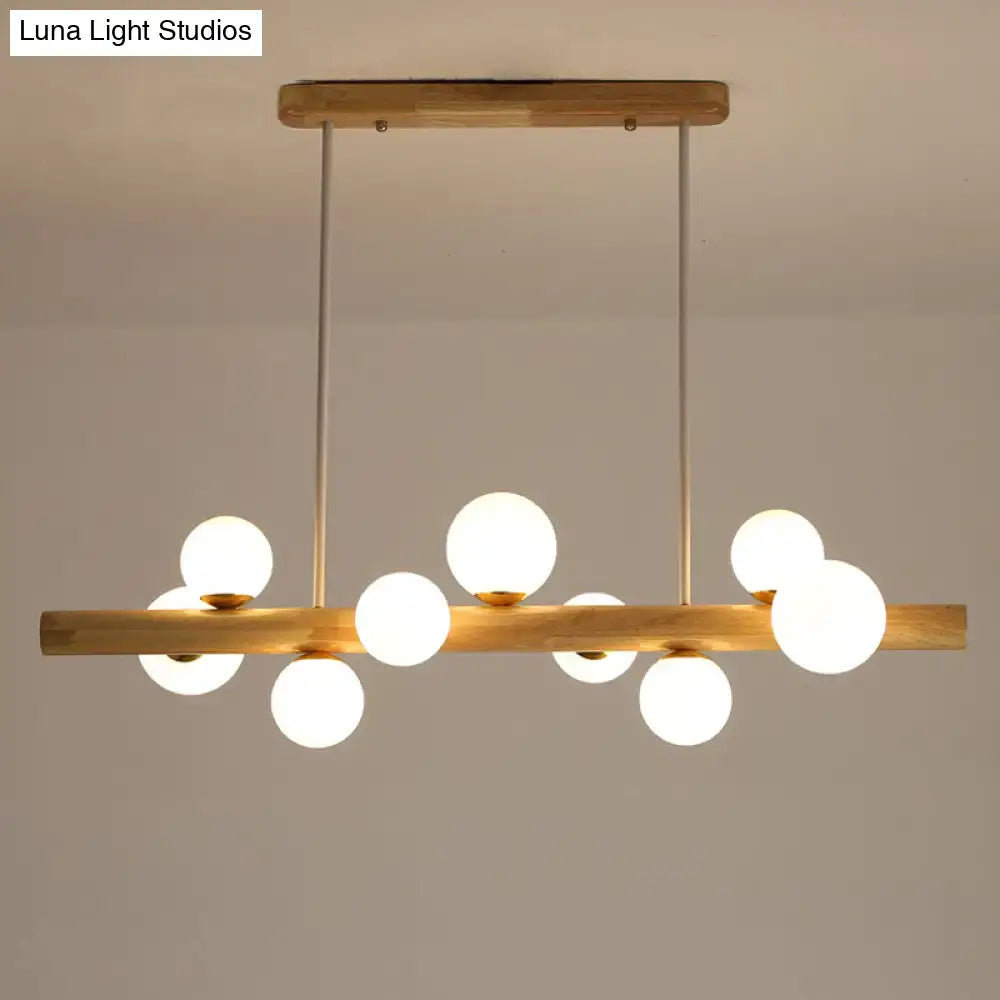 DecorBites™ Sleek Wooden LED Ceiling Light: Linear Dining Room Island Chandelier with Cream Glass Shade