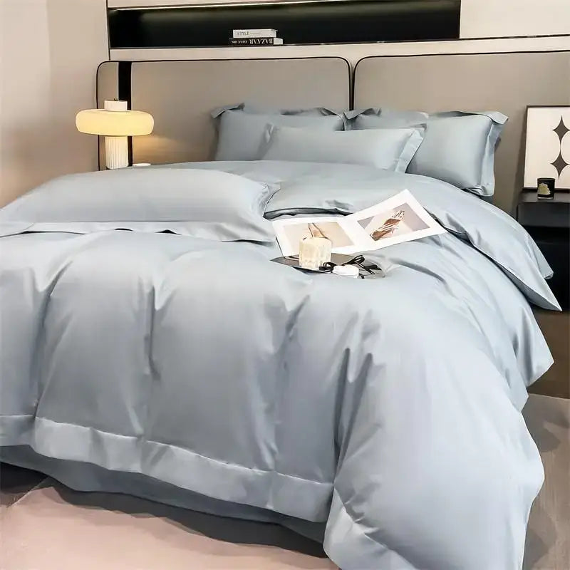 Light blue satin decorbites™ 1000TC egyptian cotton duvet cover set with fitted sheet and matching pillows