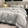Decorbites™ soft egyptian cotton duvet cover set in silver-gray satin with stitched detailing and fitted sheet included