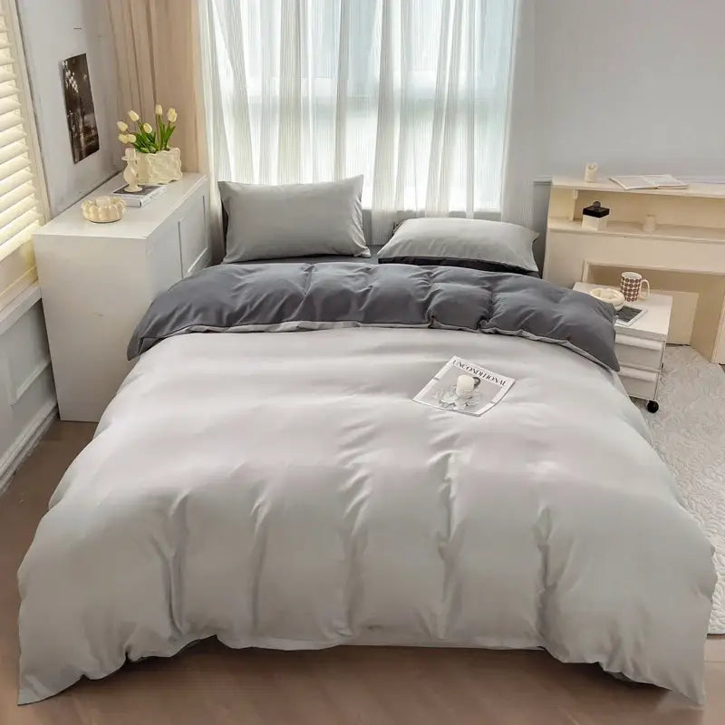Gray duvet cover set with solid color brush fabric and matching pillows from decorbites 4 piece bedding set