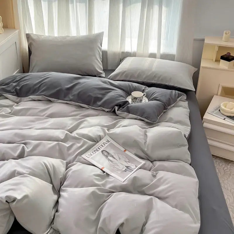 Decorbites™ gray solid color brush fabric duvet cover set with plush velvet texture and matching pillows