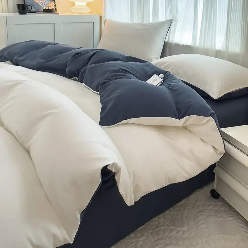 Navy blue and cream two-toned solid color brush fabric duvet cover from decorbites 4 piece bedding set