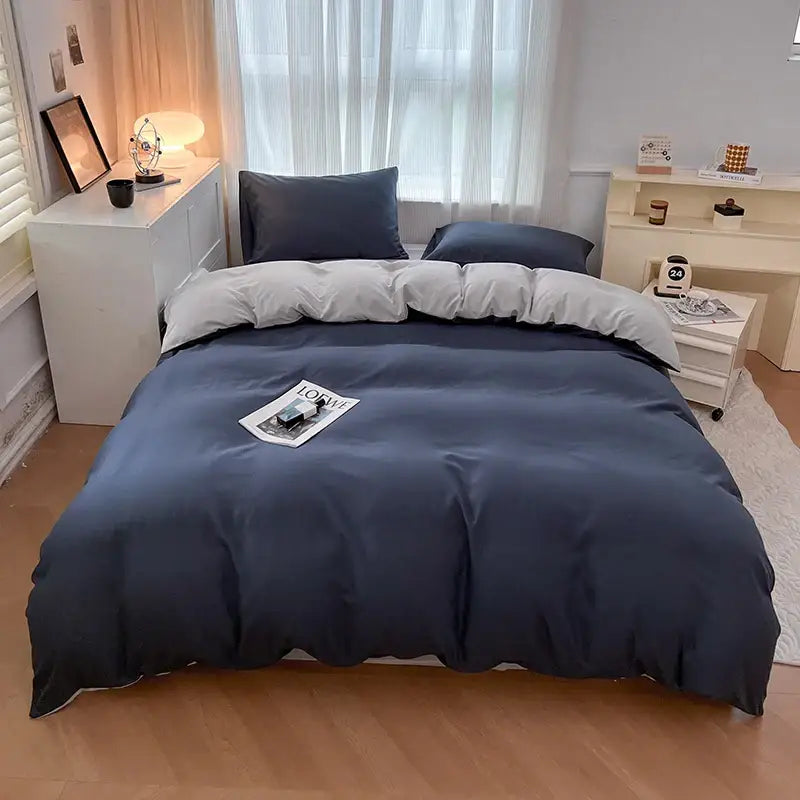 Navy blue duvet cover set with matching pillowcases and white inner lining in decorbites solid color brush fabric bedding set