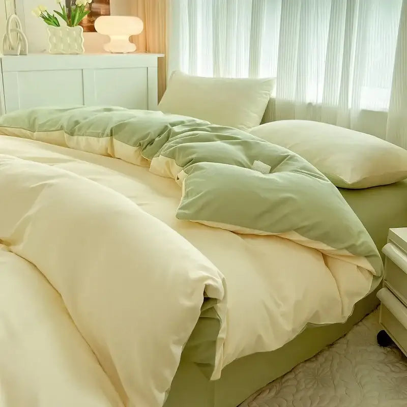 Soft two-toned green and cream solid color brush fabric duvet cover with plush quilted texture from DecorBites™