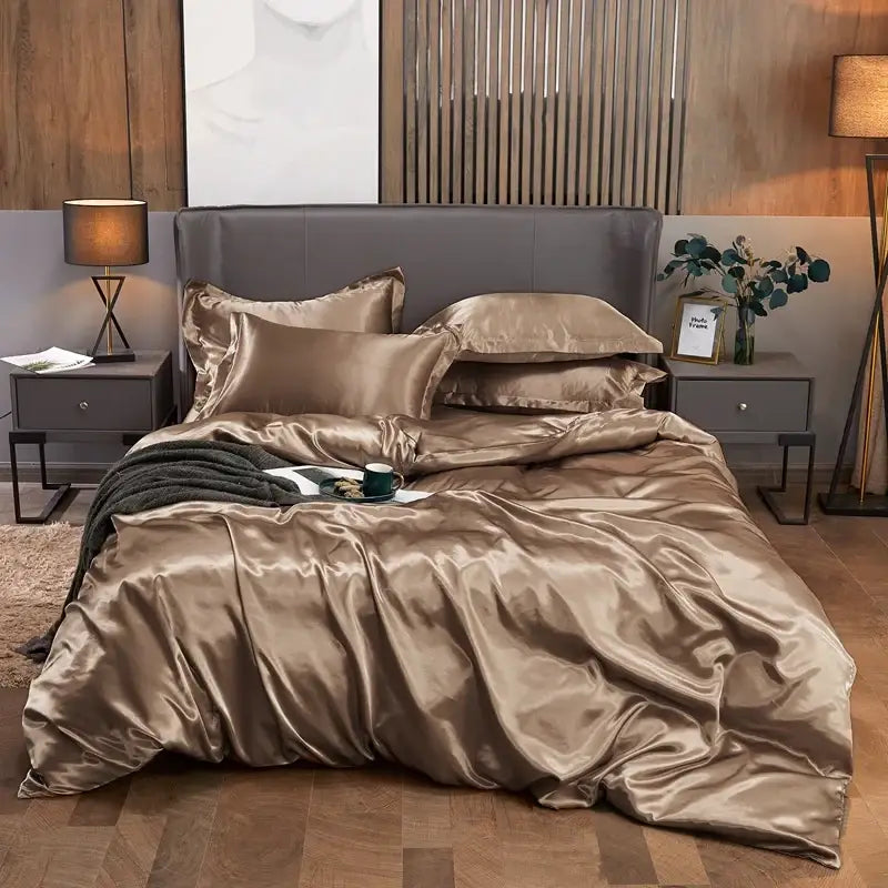 Luxurious bronze satin bedding set by DecorBites™ with pcduvet cover and matching pillows for width bed use