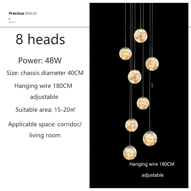 Elegant DecorBites™ spiral crystal ball chandelier light with eight warm glowing spherical bulbs suspended by wires