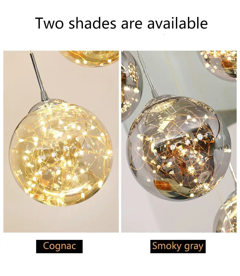 Decorbites™ spiral crystal ball chandelier light featuring cognac and smoky gray glass orbs with embedded fairy lights