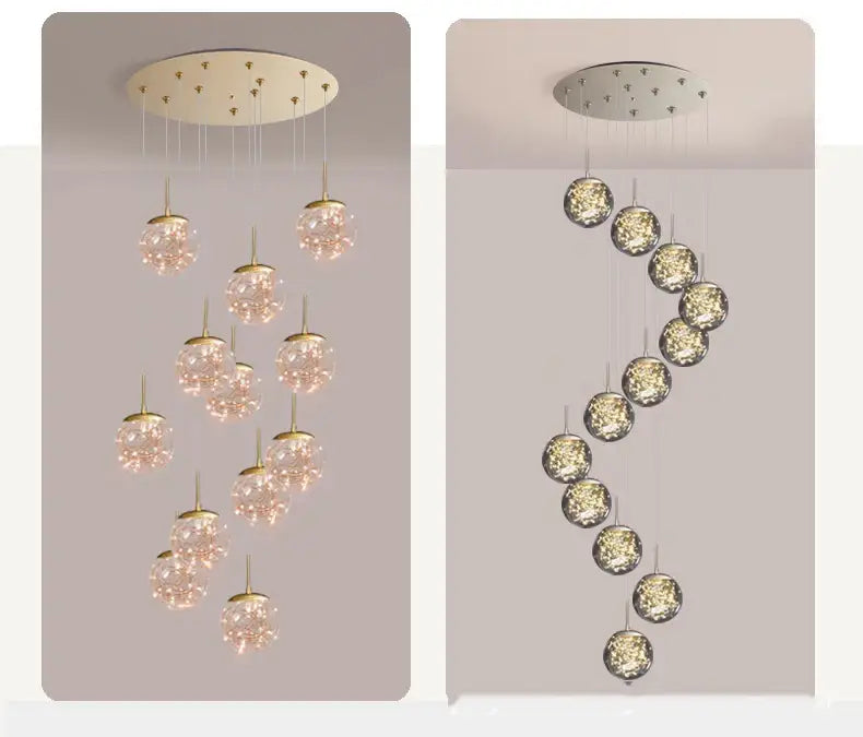 DecorBites™ spiral crystal ball chandelier light with gold-toned metal accents and spherical glass globes suspended by rods