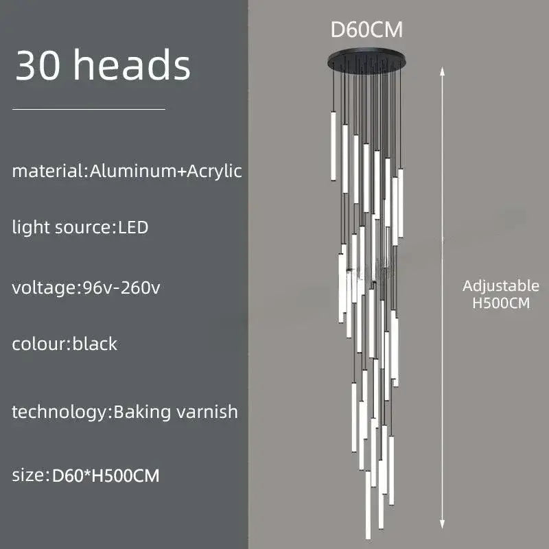 Black modern ceiling chandelier led with 30 slender aluminum and acrylic light heads for modern home DecorBites™ spiral design