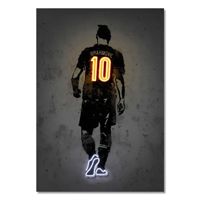 Stylized neon wall art decal of soccer player ibrahimovic with orange number 10 and blue outlined boots for sports stars decor