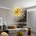 DecorBites starry sky crystal pendant light with golden dandelion design and warm glowing bulbs for elegant lighting