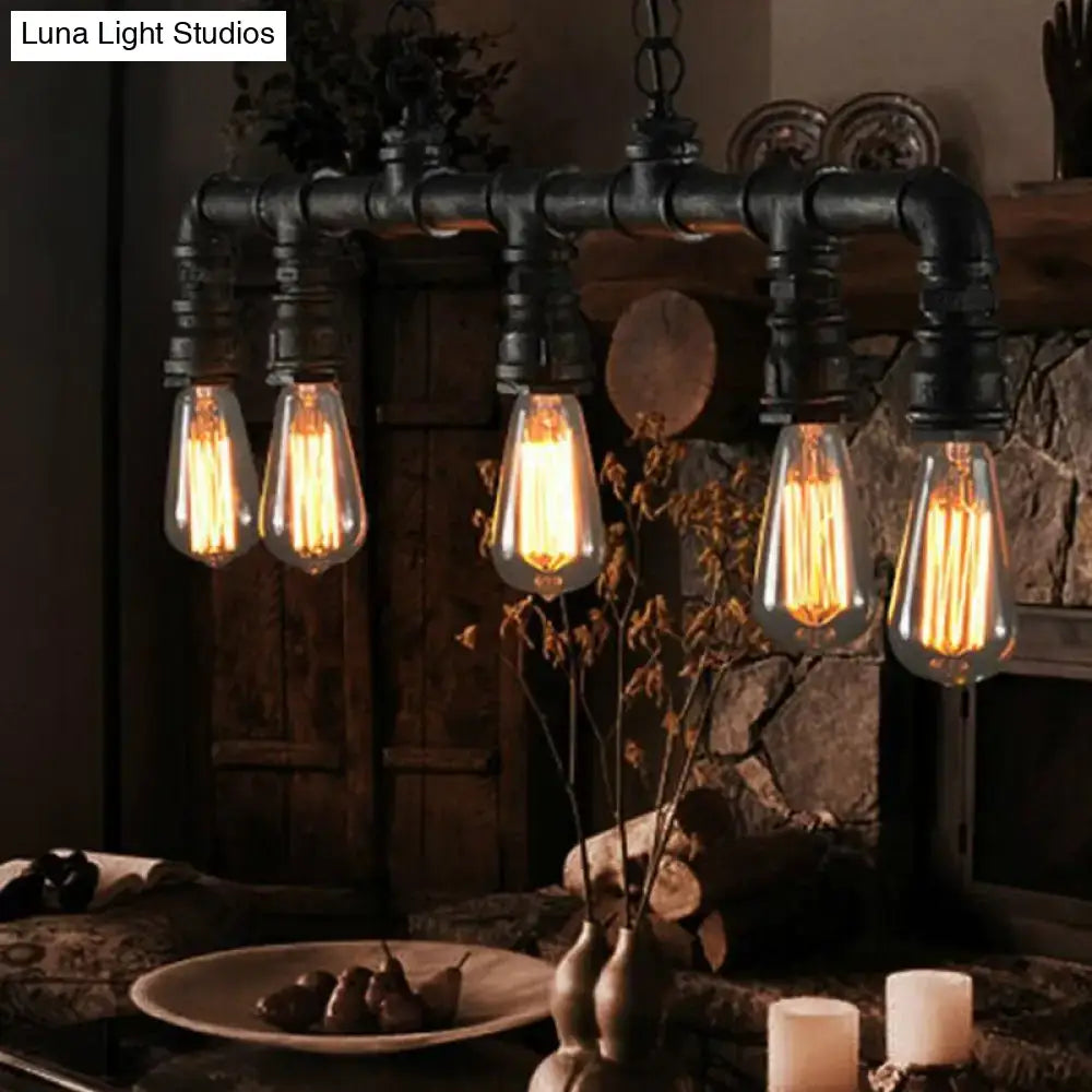 DecorBites™ Steampunk Metal Water Pipe Pendant Light - 5 Bulbs - Black, Ideal for Dining Room or Hanging Island