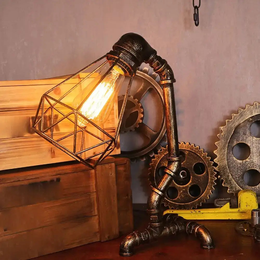 DecorBites™ Steampunk Style Water Pipe Table Lamp, Metal Antiqued Bronze Nightstand Light