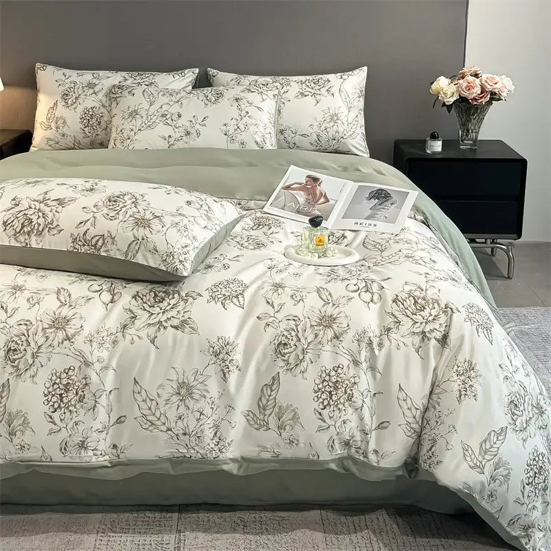 DecorBites™ Summer Floral Satin Silk Duvet Cover Set